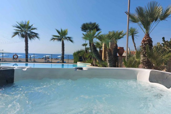Jacuzzi con vista su palme e mare all'orizzonte.
