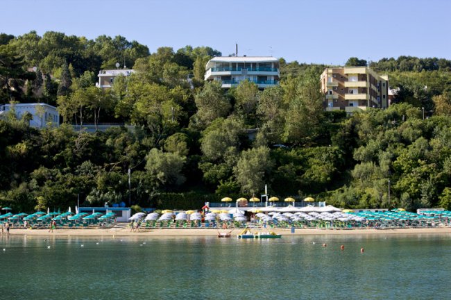 Spiaggia con ombrelloni e alberi verdi sullo sfondo.