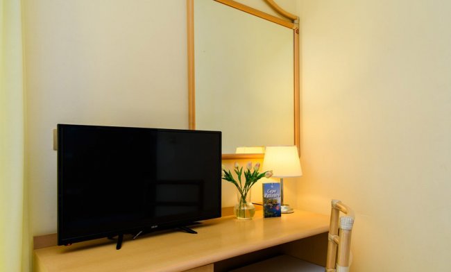 Scrivania con specchio, TV e lampada.