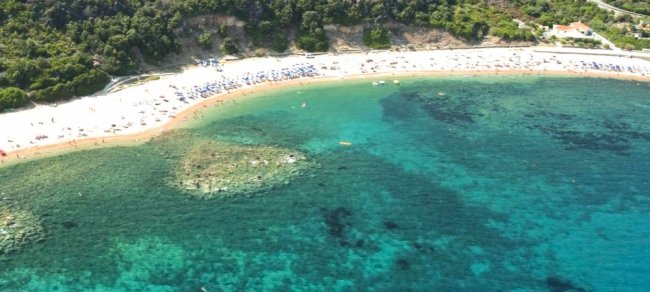 Vista aerea di una spiaggia con mare turchese e ombrelloni.