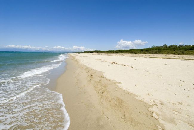 Spiaggia con sabbia bianca e mare calmo sotto un cielo azzurro.